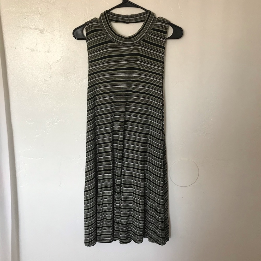 Green, White, and Black striped high cut dress